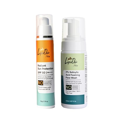 2% Salicylic Acid Foaming Face Wash and Radiant Sun Protection SPF 50 PA+++, 2-piece skincare set - Lapin D'or 2% Salicylic Acid Foaming Face Wash and Radiant Sun Protection SPF 50 PA+++, 2-piece skincare set - Lapin D'or