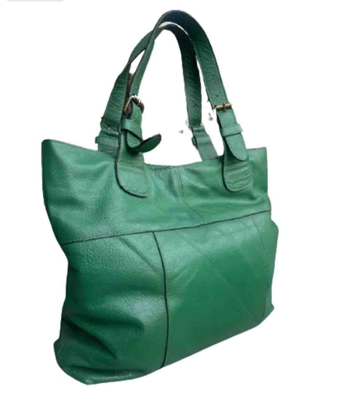 Green Leather Tote Bag with Double Handles and Buckle Detail Pack of 2