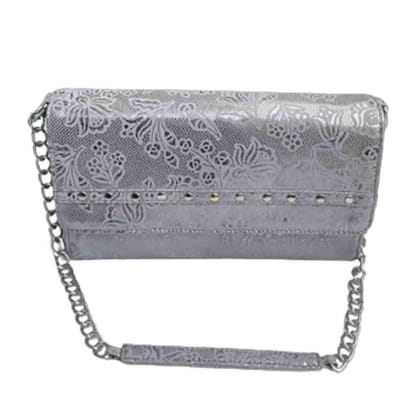 Women's Silver Metallic Floral Embossed Chain Strap Clutch Wallet