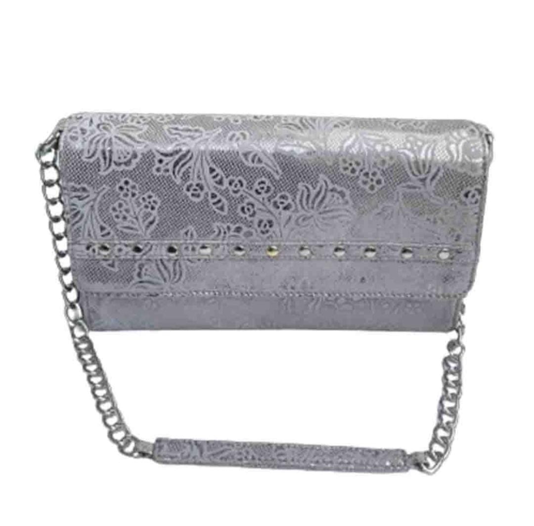 Women's Silver Metallic Floral Embossed Chain Strap Clutch Wallet