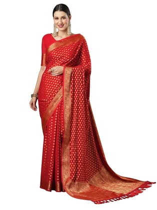 Red Banarasi Silk Saree With Golden Zari Work And Pallu Red Banarasi Silk Saree With Golden Zari Work And Pallu