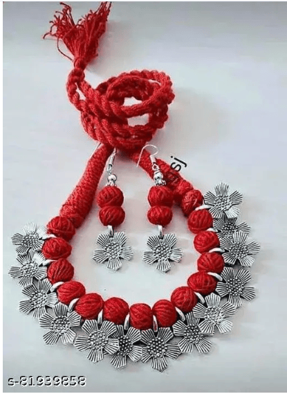 oxidised silver flower design necklace set with red cotton thread