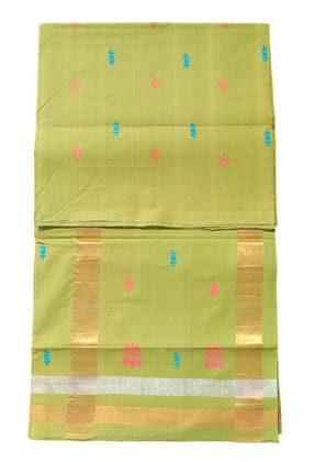 Green and Pink Floral Cotton Saree with Golden Zari Border Green and Pink Floral Cotton Saree with Golden Zari Border