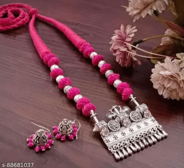 oxidised silver long necklace set with pink beads
