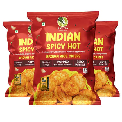 Asmita Organic Farms Brown Rice Popped Crisps, Not Baked Not Fried, Low Fat with Foxtail millet Healthy Snacks Popped Fiber Rich Snack Low in Calories (Indian Spicy Hot, 55 g (Pack of 3) Asmita Organic Farms Brown Rice Popped Crisps, Not Baked Not Fried, Low Fat with Foxtail millet Healthy Snacks Popped Fiber Rich Snack Low in Calories (Indian Spicy Hot, 55 g (Pack of 3)