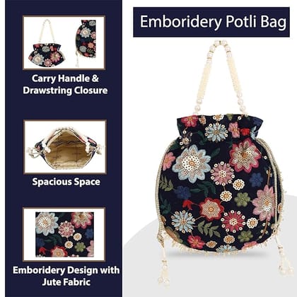 Embroidered Potli Bag with Drawstring Closure and Pearl Handle Embroidered Potli Bag with Drawstring Closure and Pearl Handle
