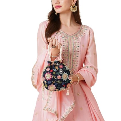 Women's Handbag - Blue Velvet Potli Bag with Floral Embroidery and Pearl Handle Women's Handbag - Blue Velvet Potli Bag with Floral Embroidery and Pearl Handle