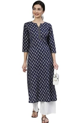 Women's Blue Cotton Printed Straight Kurta with 3/4th Sleeves Women's Blue Cotton Printed Straight Kurta with 3/4th Sleeves