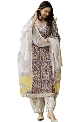 Women's Brown Cotton Printed Kurta with White Palazzo Pants and Dupatta Set Women's Brown Cotton Printed Kurta with White Palazzo Pants and Dupatta Set