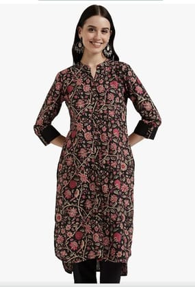 Women's Black Floral Print Straight Kurta with 3/4 Sleeves Women's Black Floral Print Straight Kurta with 3/4 Sleeves
