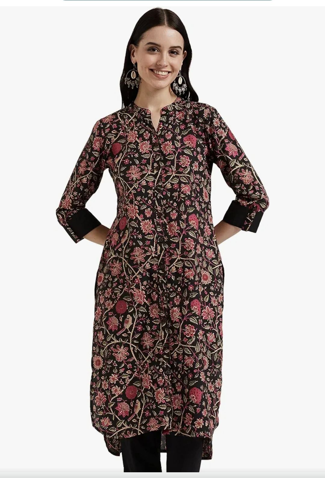 Women's Black Floral Print Straight Kurta with 3/4 Sleeves