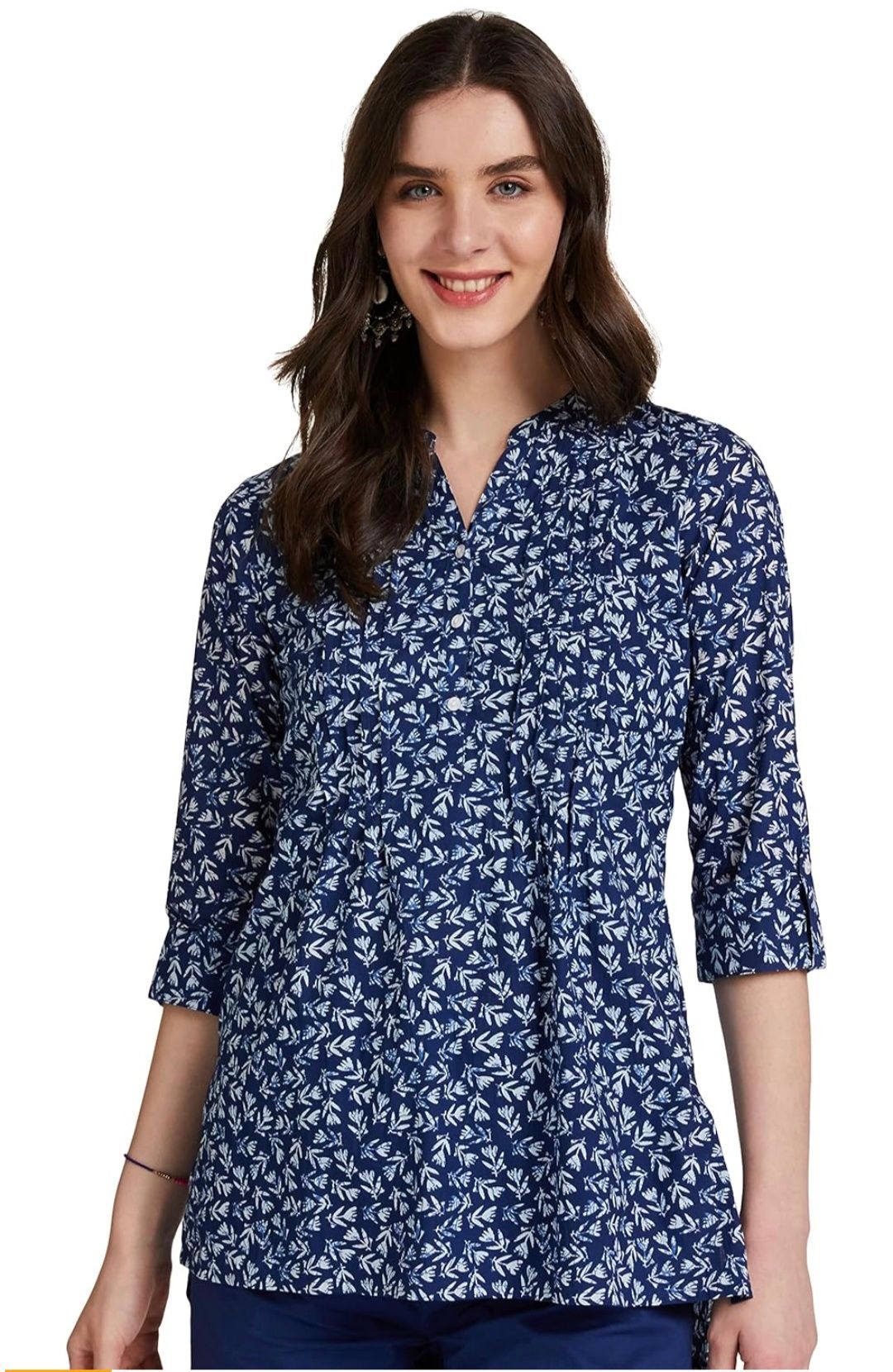 Women's Blue Floral Printed Pleated Tunic Top