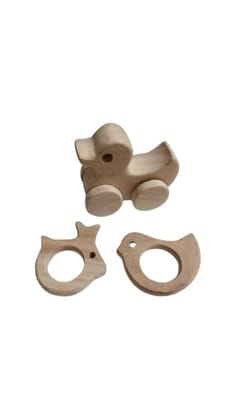 Neemtoys Natural Neem Wooden Teethers, Wheel Toy, Bunny, Dove and Duck Shapes Teether, Teething Toy for Babies with Multiple Textured Surface (Brown)