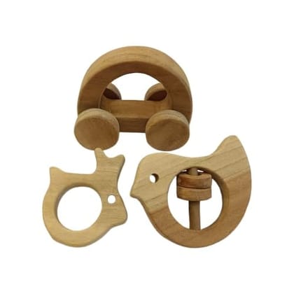 Neemtoys Neem Wooden Perfect Blend of Pull Toy, Rattle and Teether Hallow Car, Dove and Rabbit Shapes Teether, Teething Toy for Babies with Multiple Textured Surface (Brown)