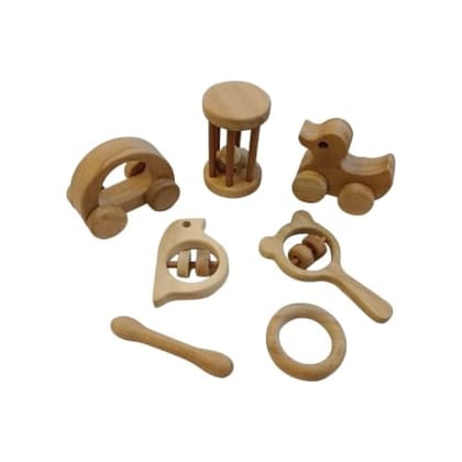 Neemtoys Neem Wooden Toddler Toys Rattles, Wheel Toys and Teethers, Teething Toy for Babies with Multiple Textured Surface (Brown)