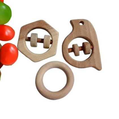 Neemtoys Neem Wooden Rattles and Teethers with Multiple Textured Surface Shapes Sparrow, Hexagon and Ring Shapes Sound Making Toys for Toddlers Toy for Babies (Brown)