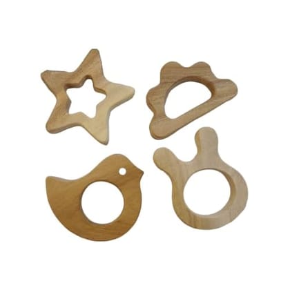 Neemtoys Neem Wooden Teethers for Babies of Age 0 to 3 Years, Star,Cloud,Dove and Bunny Shapes Teether, Teething Toy for Babies with Multiple Textured Surface (Brown)