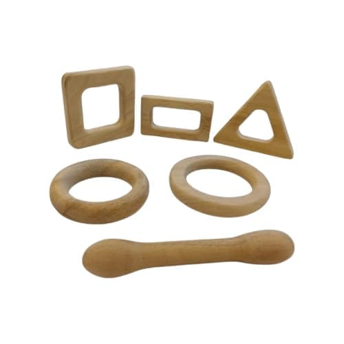 Neemtoys Pack of 6 Neem Wooden Teethers For Babies Learn While Teething Squar, Round, Triangle, Rectangular Round, Circle And Cyclender Teethers of Math Symbols Natural And Safe with Multiple Textured Surface Shapes Teether, Teething Toy for Kids (Brown)