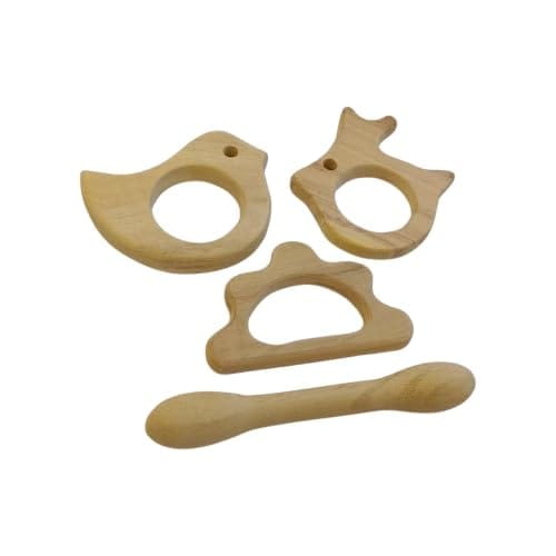 Neemtoys Neem Wooden Pack of 2 Teethers for Babies of Age 0 to 3 Years, Dumbbell, Dove, Cloud and Rabbit Shapes Teether, Teething Toy for Babies with Multiple Textured Surface (Brown)