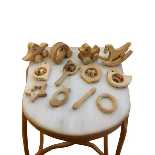 Neemtoys Neem Wooden The Best Combo of Birthday Gift Swing Horse, Wheel Toys, Rattles and Teethers with Multiple Textured Surface Shapes Teether, Teething Toy for Kids (Brown)