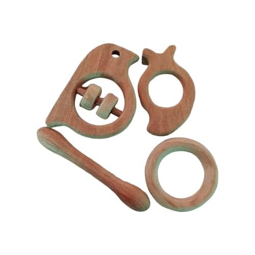 Neemtoys Neem Wooden Rattle and Teethers, Sparrow, Mango, Dumbbell and Ring Shapes Teether, Teething Toy for Babies with Multiple Textured Surface (Brown)