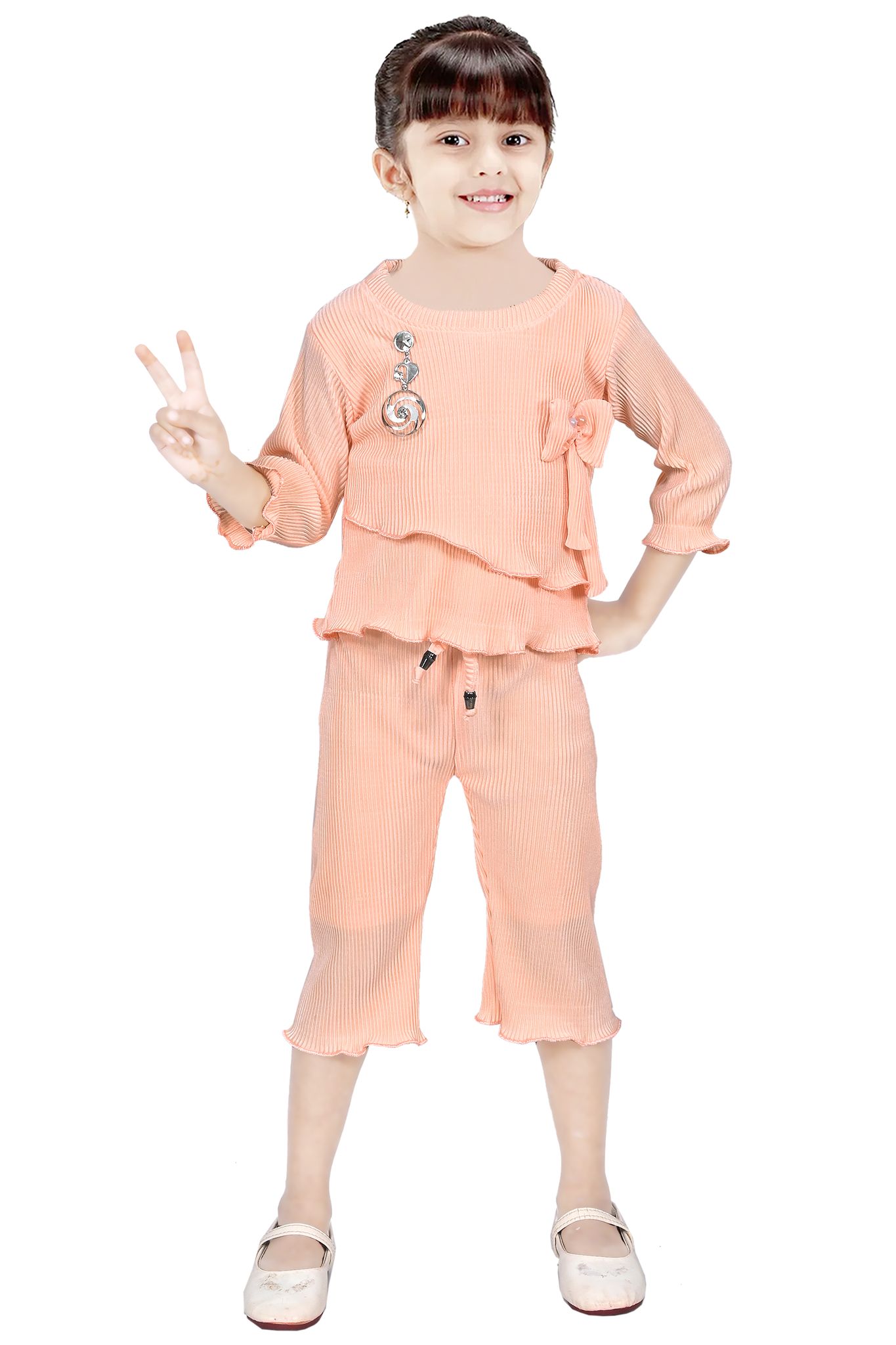 Peach Ruffle Sleeve Top and Pants Set for Girls