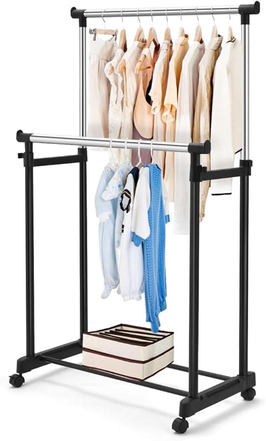 Double Pole Portable Clothing Hanging Garment Rack Laundry Drying Hanger with Wheels Telescopic Clothes Fordable Single Stand for Indoor Outdoor Drying Rack For Home Balcony Room Garden Terrace Home