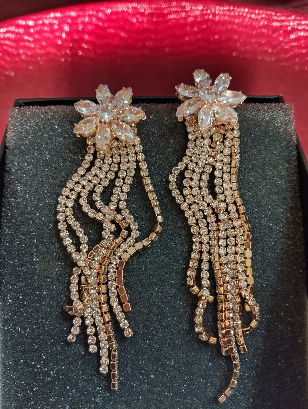 Gold Flower Rhinestone Chandelier Earrings for Women, Statement Bridal Wedding Prom Long Tassel Dangle Earrings, Party Jewelry Accessories