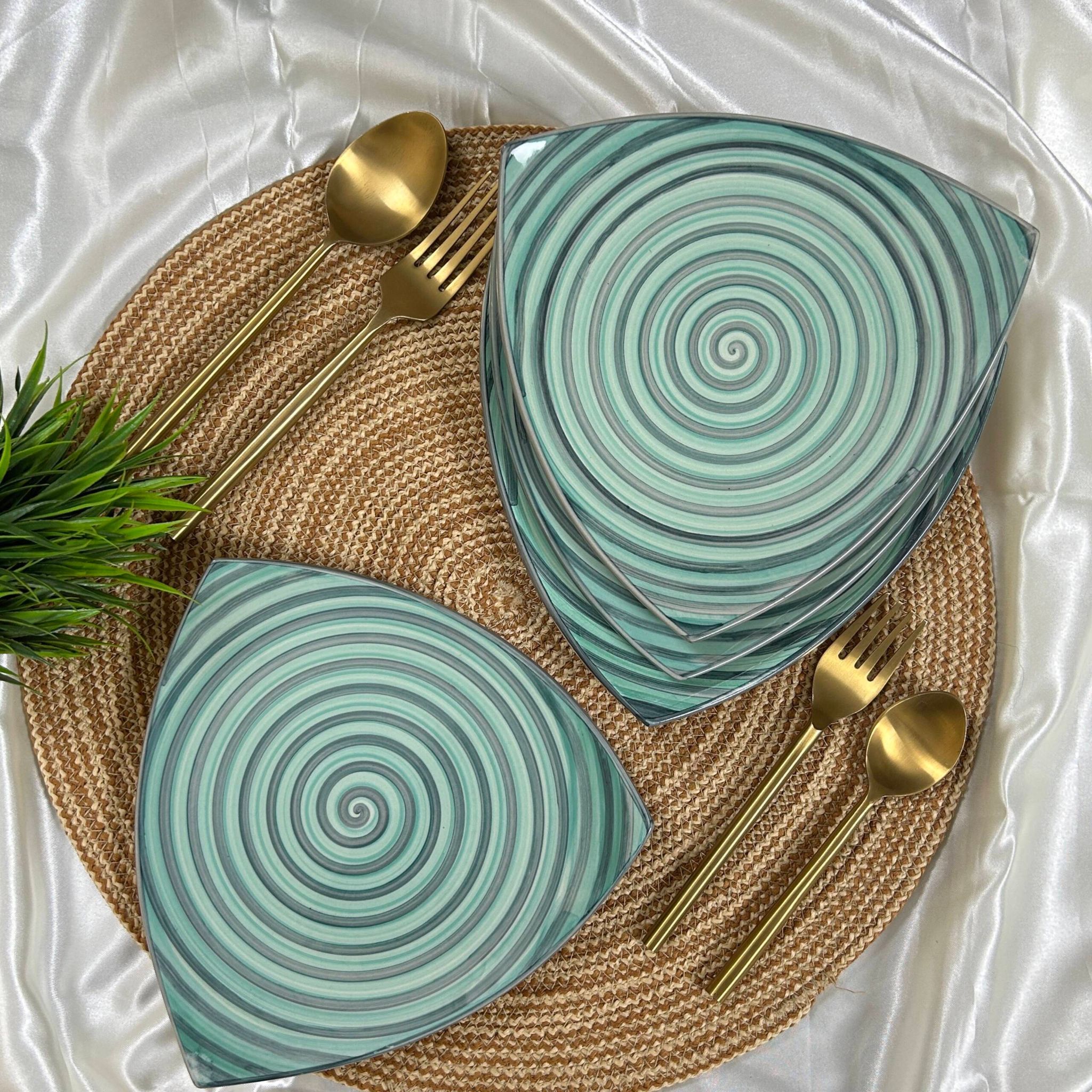 Ceramic Dining Matte Green and Grey Triangle Ceramic Quarter Plates- Set of 4