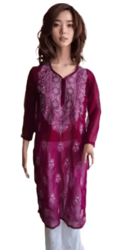 Women Chikan Embroidery Kurta  (Maroon)