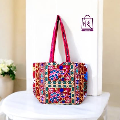 NAKASA Women's Rajasthani Handmade Peacock Embroidery Regular Pink Tote Bag