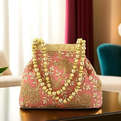  Pink Hand Embroidered Potli Bag with Pearl Beaded Handles