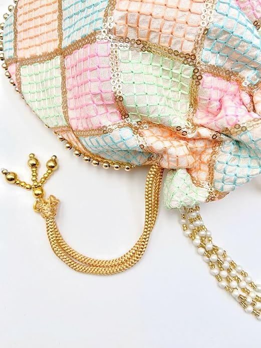 Potli Bag: Hand Embroidered Drawstring Bag with Pearl and Sequin Detailing