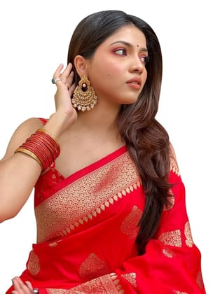 Red Banarasi Silk Saree With Golden Zari Weaving Work And Pallu Red Banarasi Silk Saree With Golden Zari Weaving Work And Pallu