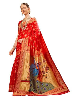 Red Banarasi Silk Saree With Peacock Motif And Zari Border Red Banarasi Silk Saree With Peacock Motif And Zari Border