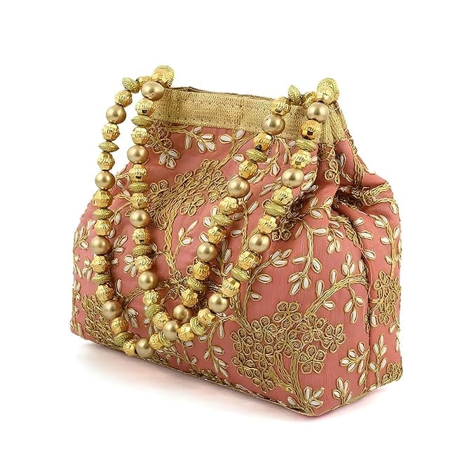 Pink Hand Embroidered Potli Bag with Pearl Handle