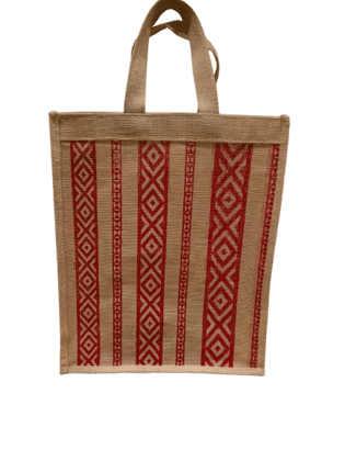 Handwoven Jute Tote Bag with Red Geometric Print