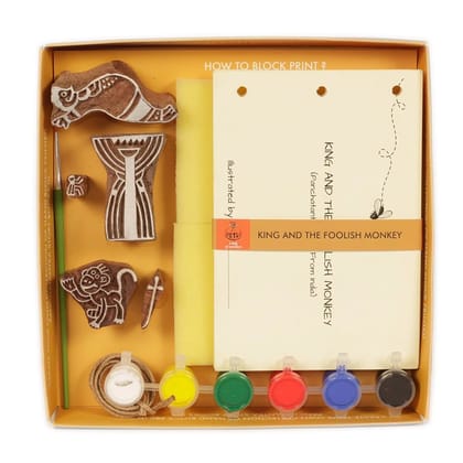 DIY Wooden Block Printing Craft kit Print your own Panchtantra Story book King and The Foolish Monkey