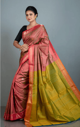 Red-green Pure Handloom Tussar Silk Saree With Blouse Piece Red-green Pure Handloom Tussar Silk Saree With Blouse Piece