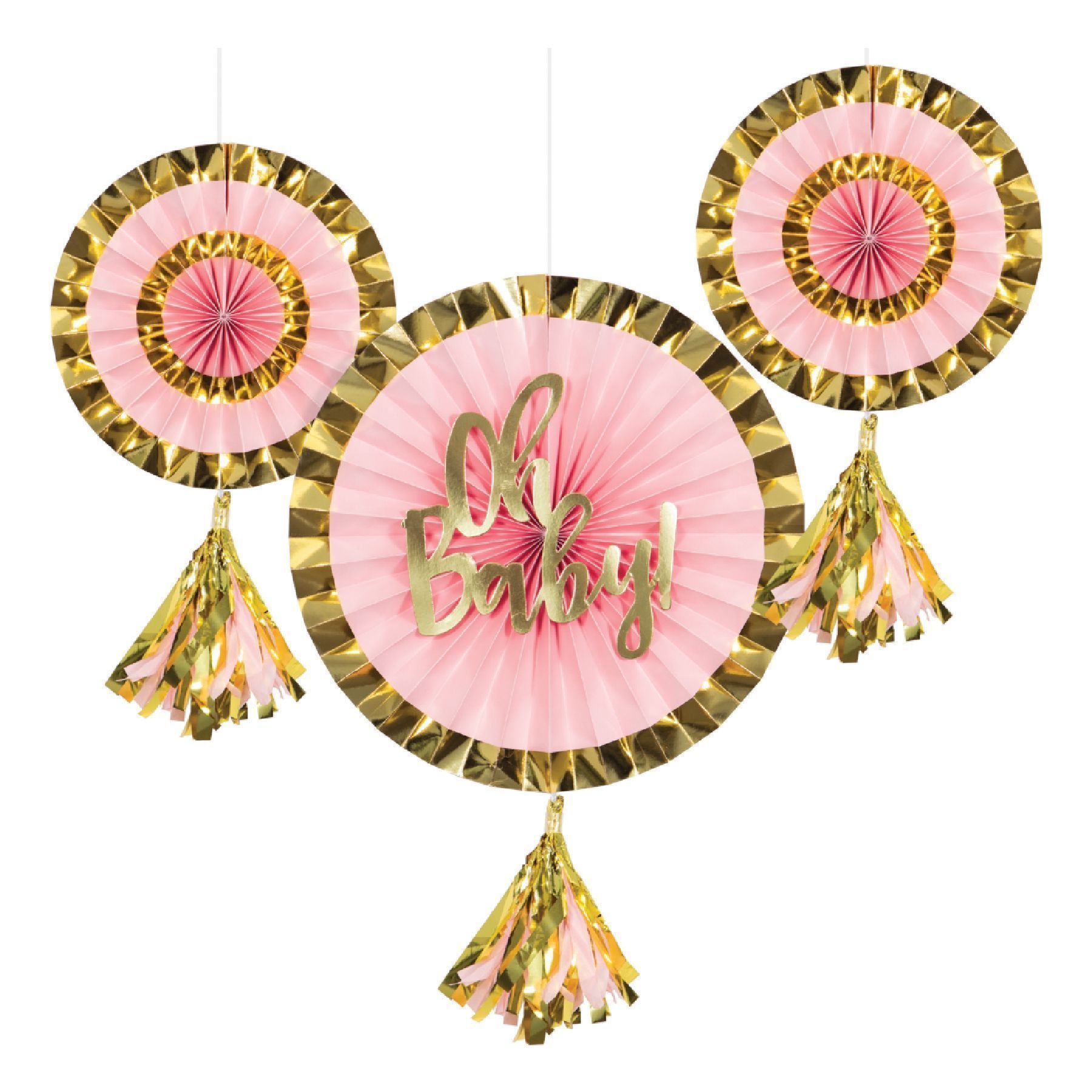 Wanna Party Oh Baby! PaPer Fans Pink & Gold with Tassel - 3PC (12 inch and 8 inch)