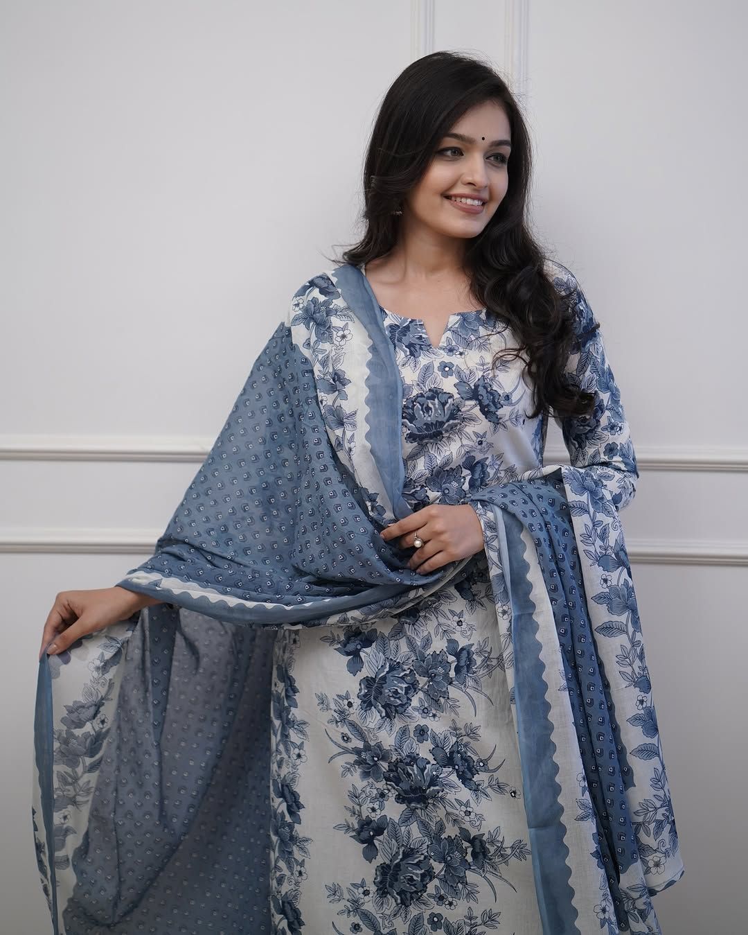 Women's Elegant Blue Printed Cotton Kurti Pant Dupatta Set - Lightweight, Breathable, Stylish, Durable, and Comfortable