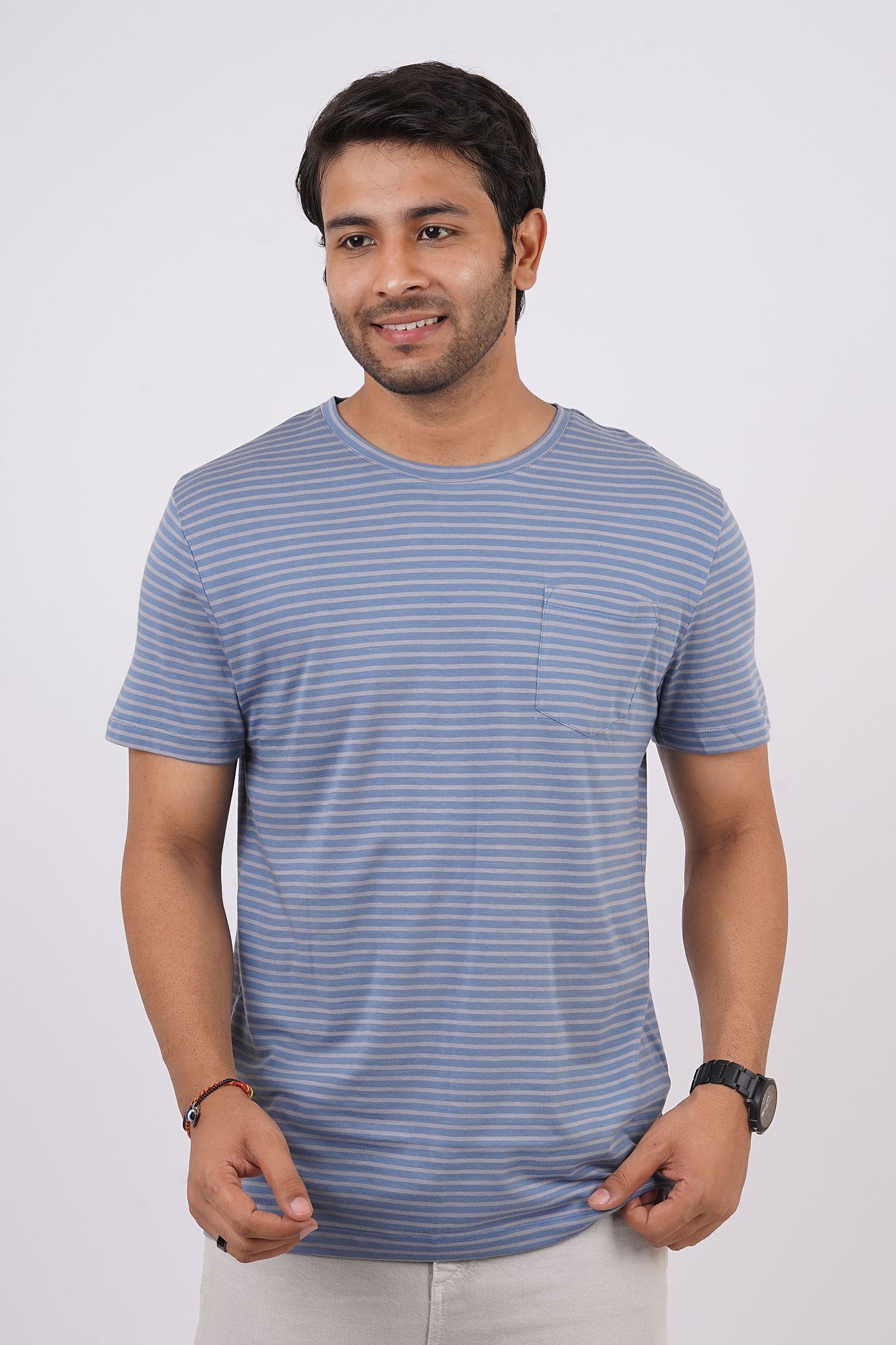 Men's Light Blue Striped Crew Neck T-Shirt