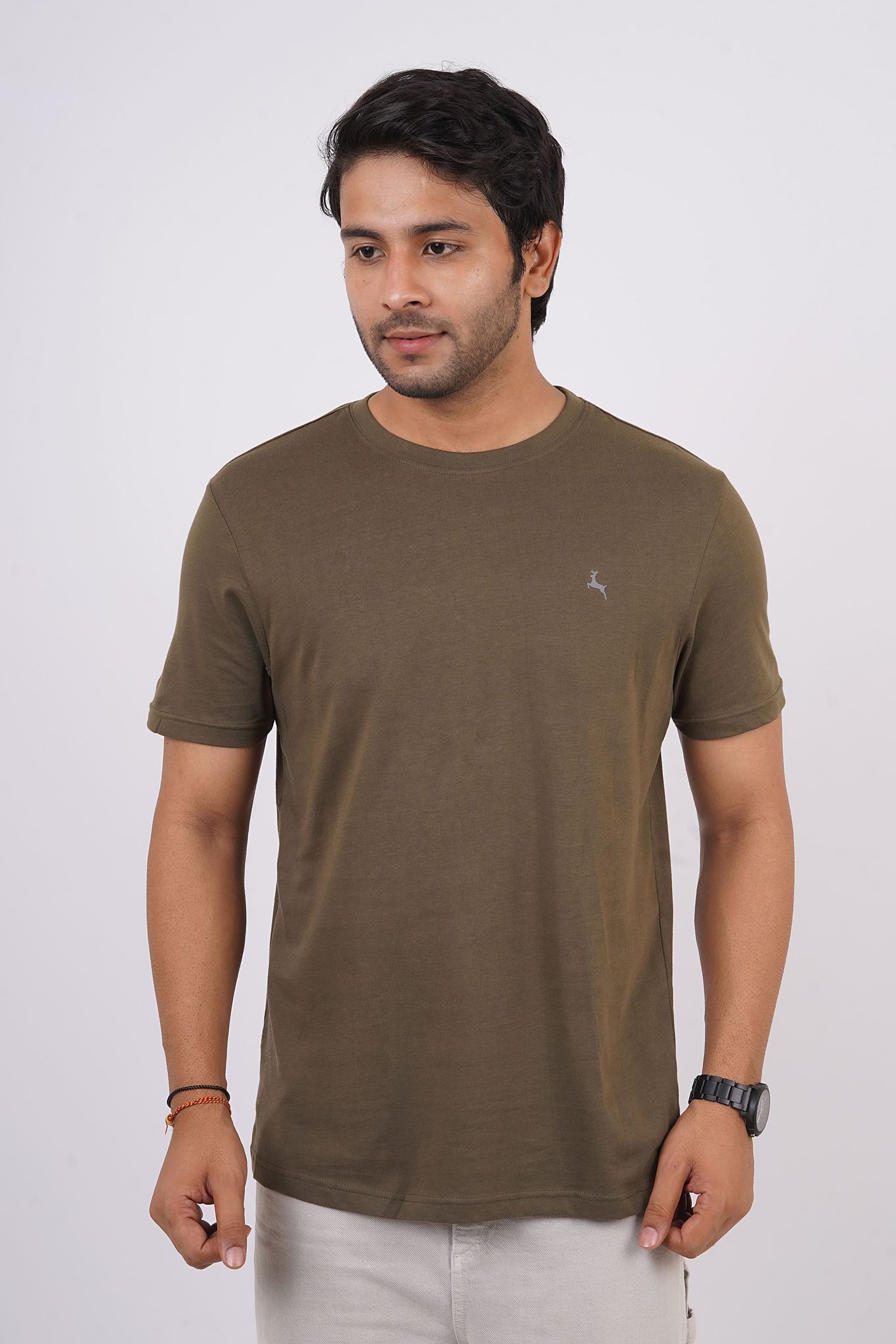 Men's Olive Melange Crew Neck T-Shirt