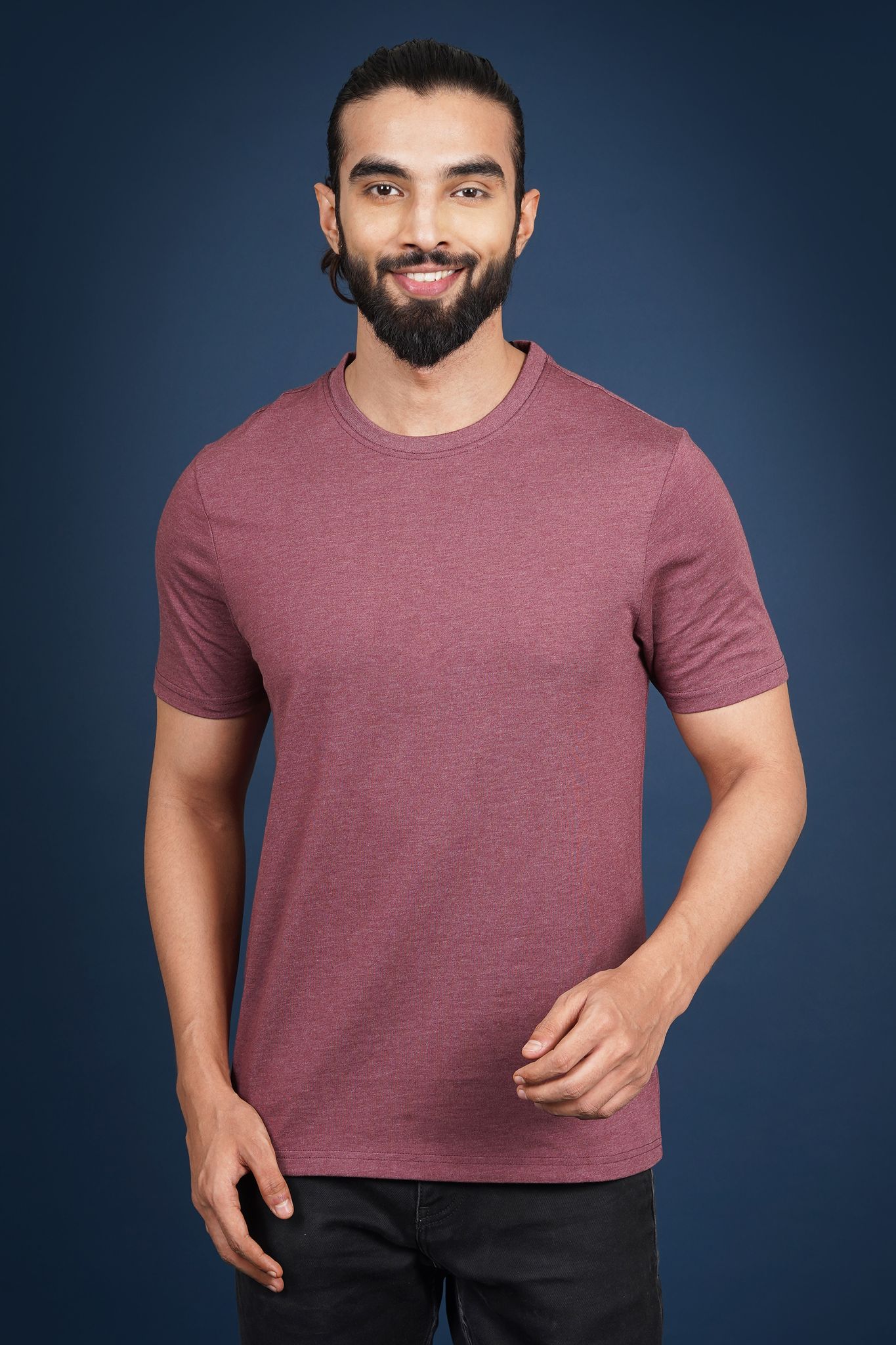 Men's Burgandy Melange Crew Neck T-Shirt