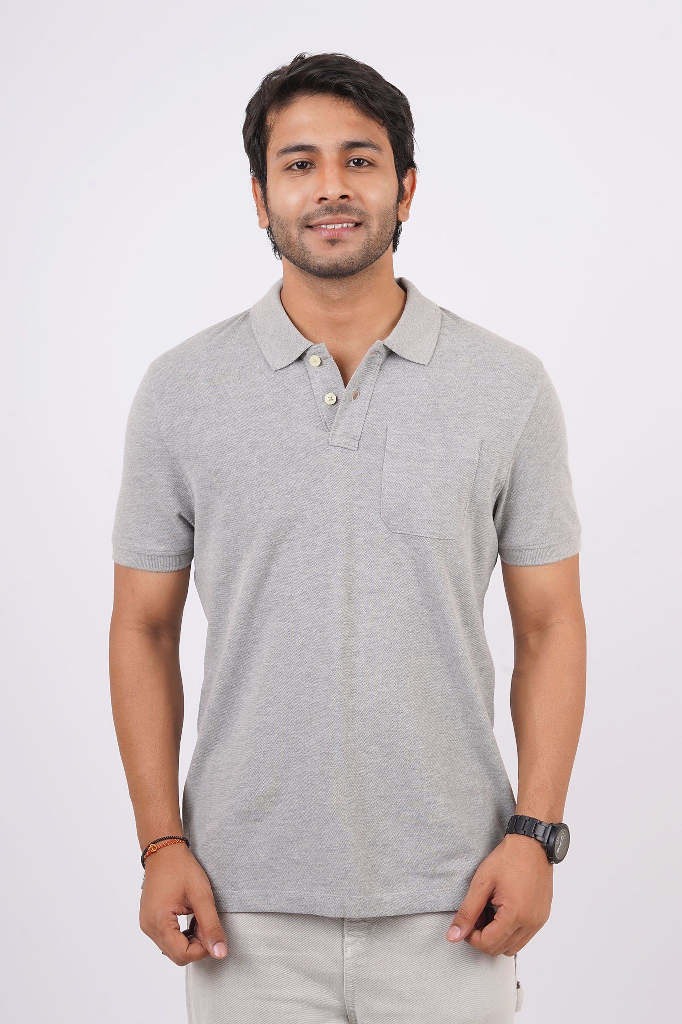 Men's Grey Melange Pocket Polo T-Shirt