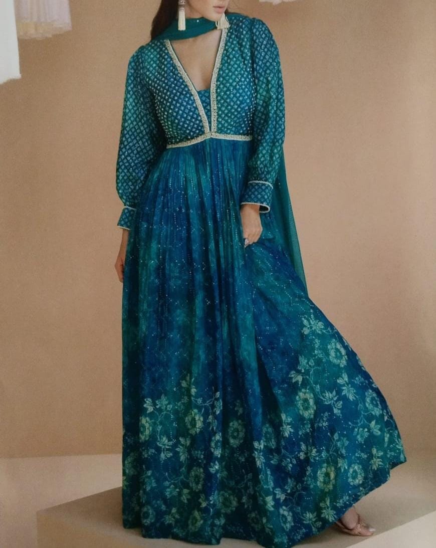 Women's Blue Floral Printed Long Sleeve Maxi Dress