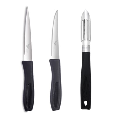 SNOKE® knife Peeler set for kitchen use , cutting and peeling vegetables and fruits , stainless steel , pack of 3 , silver color blade with strong plastic handle for better grip.