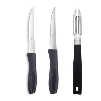 SNOKE® knife Peeler set for kitchen use , cutting and peeling vegetables and fruits , stainless steel , pack of 3 , silver color blade with strong plastic handle for better grip.