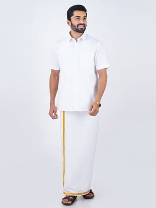 Mens Formal White Shirt with 1/2'' Gold Jari Dhoti Combo