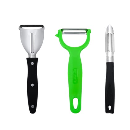 SNOKE® Peeler , peeler for vegetables pack of 3 ( 1 2IN1 PEELER AND 1 STRAIGHT PEELER 1 Y GREEN PEELER )Silver color Blade with BLACK AND BLACK color Strong Plastic Handle For Better Grip.